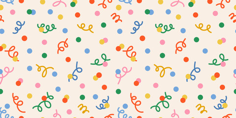 Seamless pattern of confetti and dots on a light background. New year confetti white backdrop. Christmas background. Perfect for festive celebrations, ads, cards, and wrapping paper. Carnaval Party.