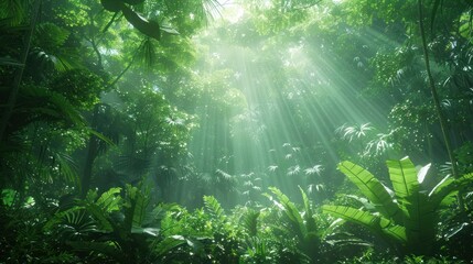 Obraz premium Sunbeams filtering through the dense verdant foliage of a captivating mystical forest creating an ethereal and serene atmosphere
