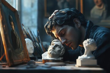 A man is seen leaning over a bust, likely admiring or paying respects to the figure