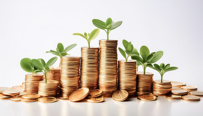Stack of gold coins with small plant shoots on top on white background