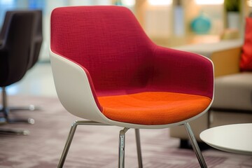 A single chair sits next to a table, featuring a bold red and white design