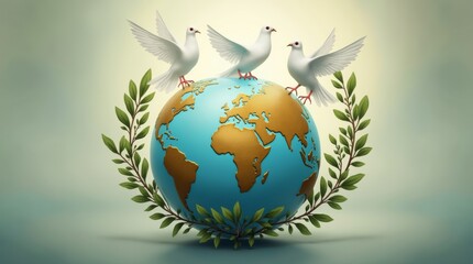 A beautiful globe surrounded by olive branches and doves, representing international peace and the desire for harmony across the globe