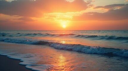 A beautiful sunset over a calm ocean, with gentle waves lapping at the shore, symbolizing the tranquility and hope of a peaceful world
