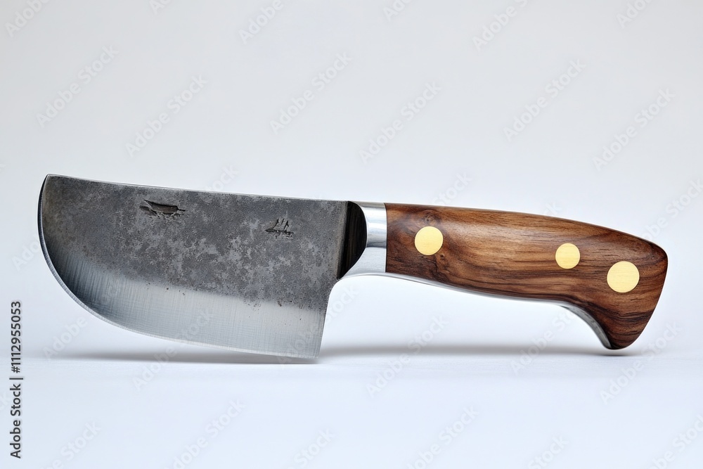 Poster A close-up of a knife with a natural wood handle placed on a clean white background, ideal for use in design and editorial projects