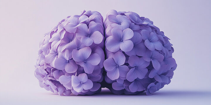 Close-up of human brain made of lilac flowers. Concept template for World Alzheimer's Day, September. Awareness month, helping patients, risk group visibility day.