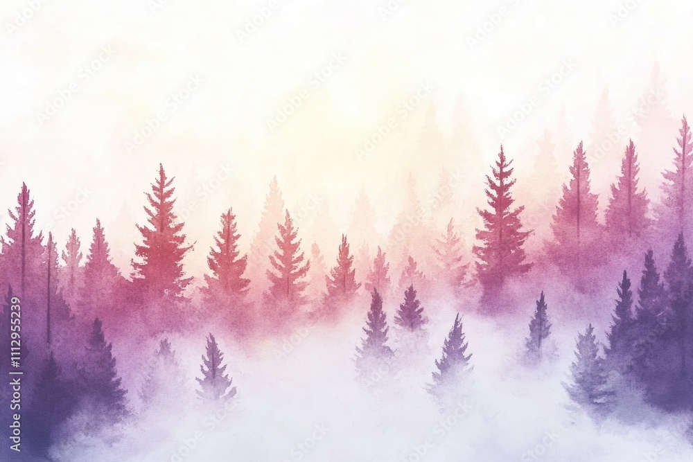 Poster a watercolor painting of trees shrouded in misty fog, perfect for use in designs that need a touch o