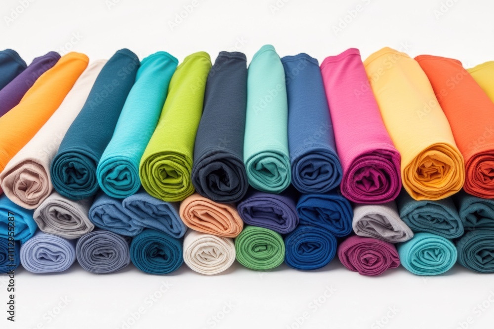 Poster a collection of rolled up cloths or fabrics on a clean white surface, possibly used for storage or d