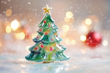 Obraz premium A small ceramic Christmas tree with a star on top, perfect for decorating small spaces or adding to holiday displays