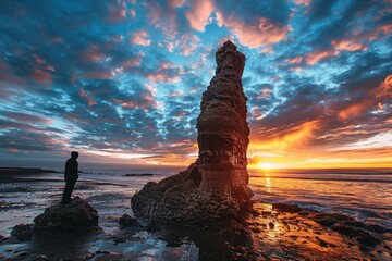 A person standing at the edge of a rocky outcropping overlooking the ocean - Powered by Adobe