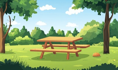Obraz premium Wooden picnic table, grassy park, trees, sunny day.