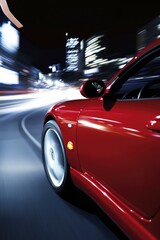 Red sports car driving in festive city with Christmas lights