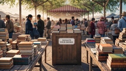 Community book donation event with people and wooden boxes at outdoor market