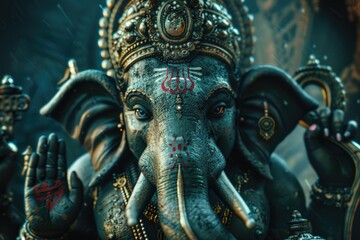 A detailed view of a statue depicting an elephant, suitable for use in various contexts such as decorative art, educational materials, or advertising