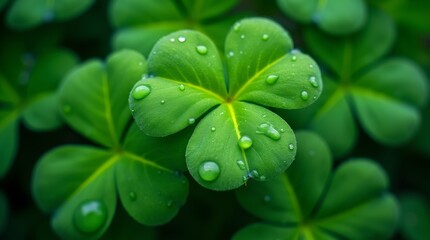 A close-up of a vibrant green shamrock with dew drops on its leaves, symbolizing luck and prosperity in a natural setting