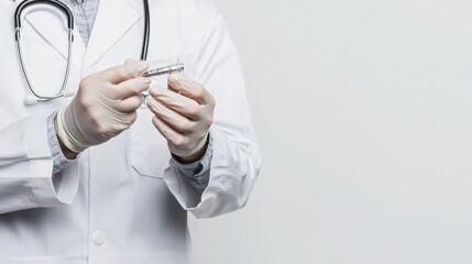 Close-up of a doctor's hands in gloves carefully examining a medical implant against a light gray background. The image conveys precision and medical expertise.
