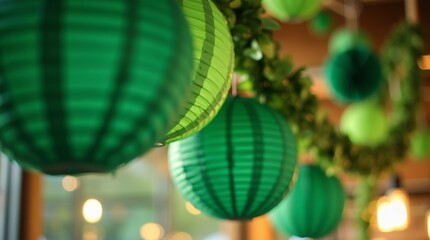 Fototapeta premium A close-up of green decorations hanging from the ceiling, including paper lanterns and garlands, enhancing the festive mood for a St. Patrick’s Day event