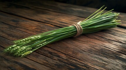 A bundle of fresh wheat tied with twine on a rustic wooden surface.