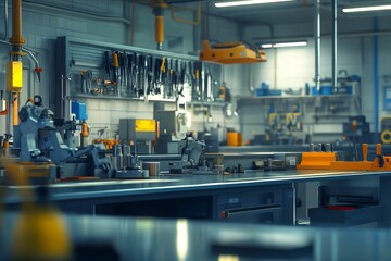 Industrial workspace, tools, machinery, organized, efficient.