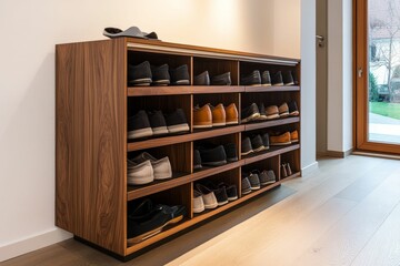 Wooden shoe cabinet filled with various footwear.