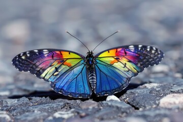 Obraz premium A colorful butterfly sits on top of a rocky ground, surrounded by natural beauty
