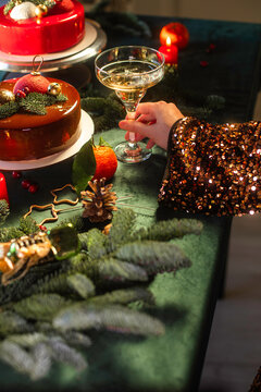 A glass of champagne on the Christmas festive table