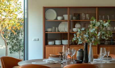Wooden cabinet displays dishes; table set for dining.