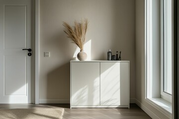 Sunlight illuminates white cabinet, dried flowers, toiletries.