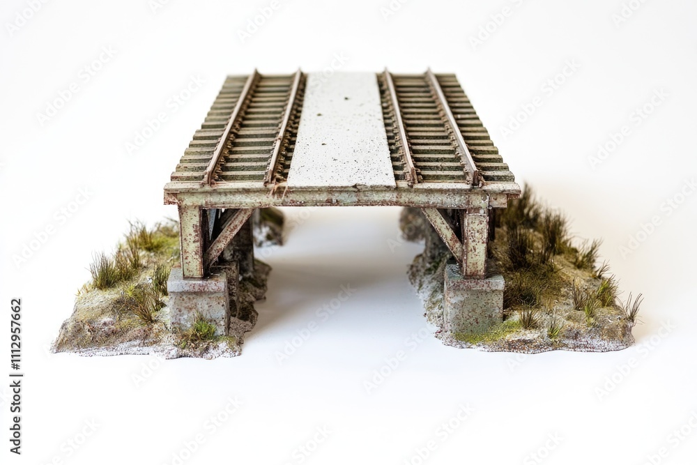 Poster a model train track with a bridge crossing over, ideal for editorial or commercial use in transporta