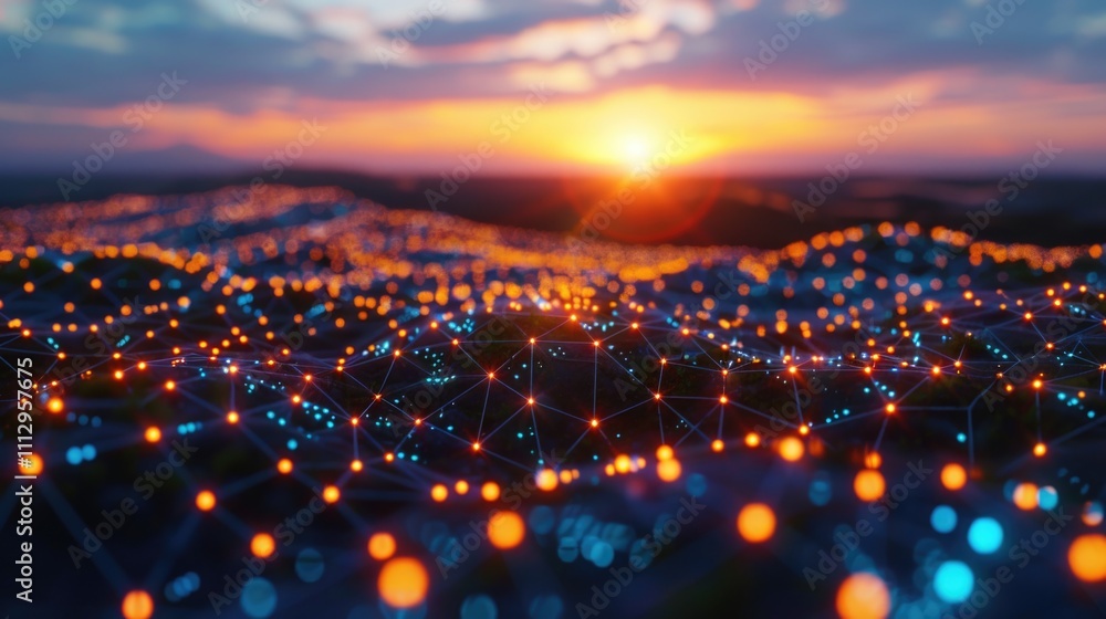Poster a serene landscape with the sun setting over a field of glowing lights, perfect for use in scenes re