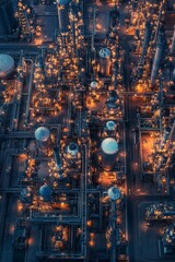 Illuminated industrial complex, intricate network, aerial view.