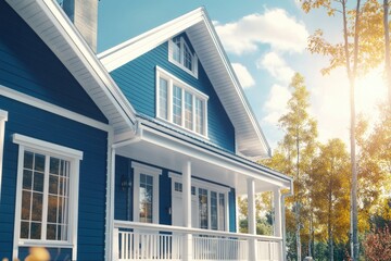 Fototapeta premium A single-family home with blue exterior and white trim, featuring a porch