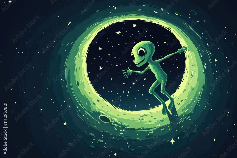 Aufkleber a cartoon alien stands out in a colorful space tunnel, with stars and planets visible in the backgro