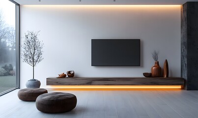 A minimalist Scandinavian living room with a sleek wood shelf