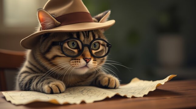 This charming scene features a tabby cat dressed in a detective hat, intently studying a map and holding a magnifying glass. The cozy indoor setting adds a playful touch