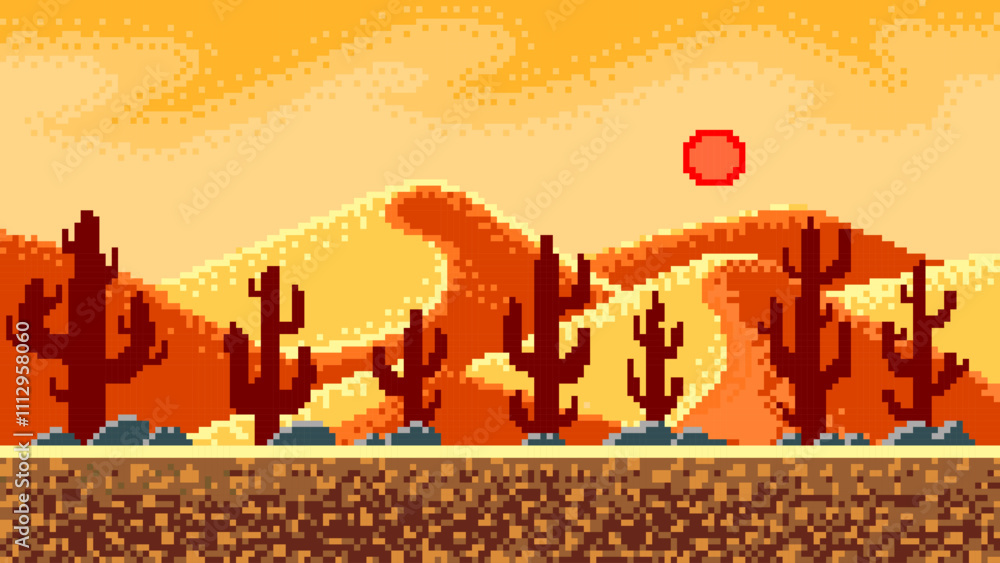 Poster cacti and mountains in the desert. pixel art 8 bit objects. landscape background for the application