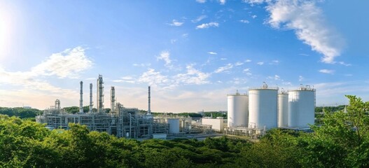 Obraz premium Oil refinery plant from industry zone with lush green trees and blue sky, large Oil and gas petrochemical industrial, Refinery factory oil storage tank and pipeline, Ecosystem and good environment.