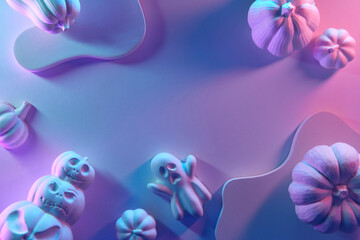 halloween greeting card with jacks, pumpkins and ghost