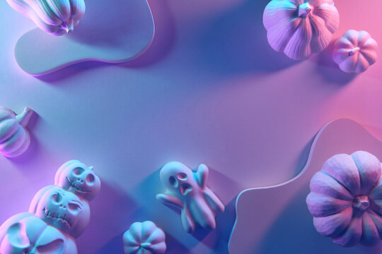 halloween greeting card with jacks, pumpkins and ghost