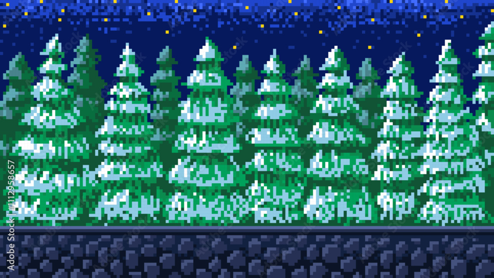 Poster christmas trees, snowy forest. pixel art 8 bit objects. landscape background for the application or 