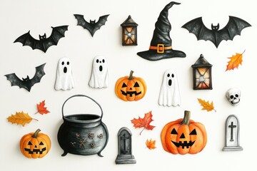 A collection of Halloween decorations arranged on a white surface, ideal for use in spooky themed designs