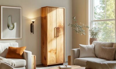 Wooden cabinet, couch, wall art, plant, sunlit room.