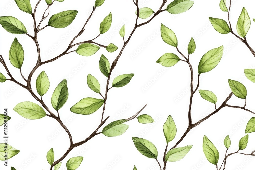 Poster a repeating pattern of green leaves on a white background