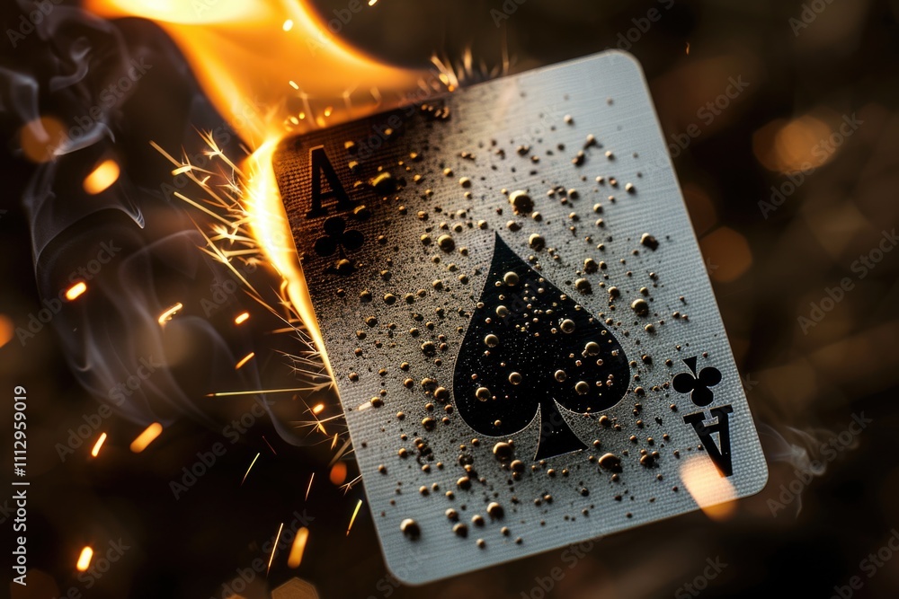 Poster a single burning playing card sits on top of a table, adding a sense of mystery and intrigue to any 