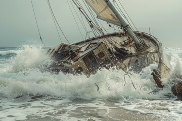 Obraz premium A boat sinking in the water, with calm waves surrounding it