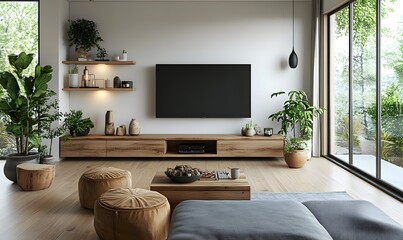 A modern Scandinavian living room with a wood shelf featuring carefully curated accessories