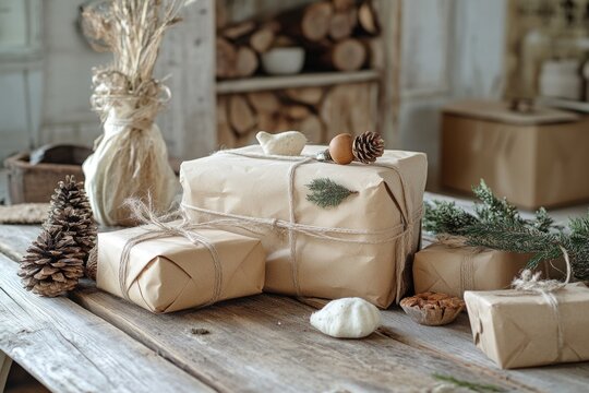 A collection of wrapped presents on a table, ideal for Christmas or birthday celebrations