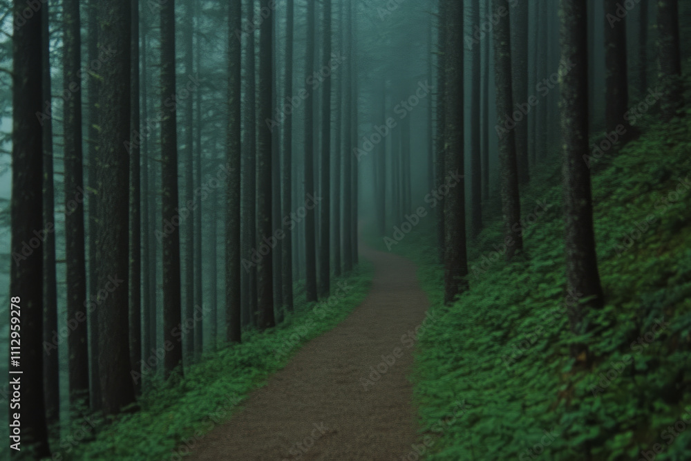 Poster a path through a forest with trees on either side