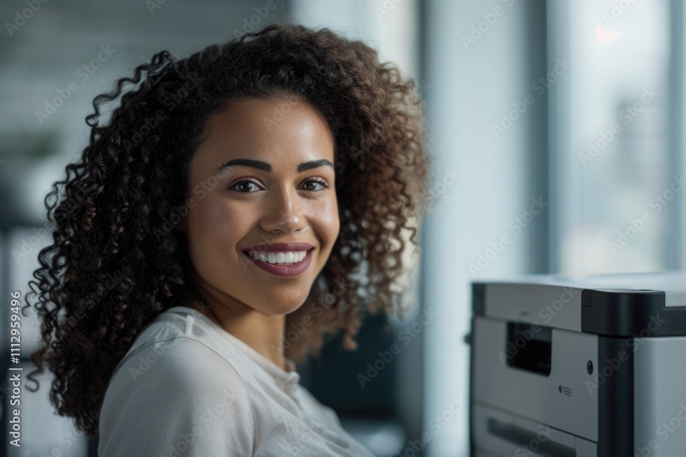 Poster a person stands in front of a printer, likely working or printing documents