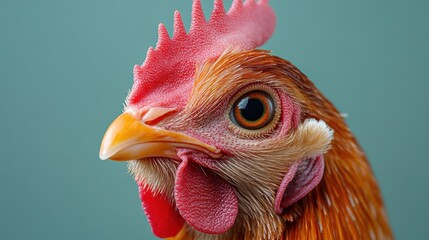 Close-up of chicken face with sharp orange eyes and detailed comb, vibrant poultry portrait, farm animal, bird close-up, captivating livestock image, detailed farmyard capture, domestic creature