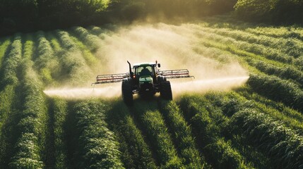 Fototapeta premium Golden Hour Farming: Tractor Spraying Crops in Lush Green Field